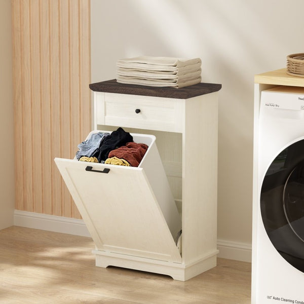 English Elm 10 Gallon Tilt Out Wood Trash Cabinet with Drawer Freestanding Kitchen Storage W808P379485