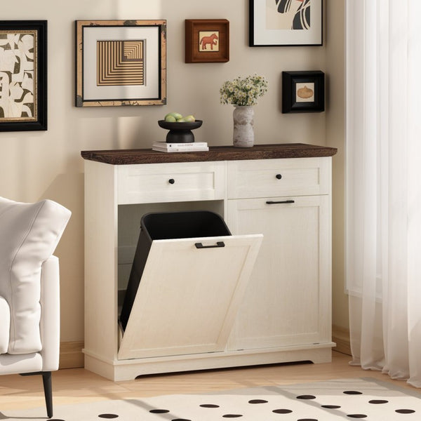 English Elm 20 Gallon Tilt Out Wood Trash Cabinet with Drawer Pet Proof Farmhouse Kitchen Storage W808P379486