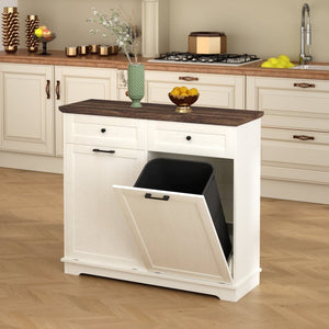 English Elm 20 Gallon Tilt Out Wood Trash Cabinet with Drawer Pet Proof Farmhouse Kitchen Storage W808P379486