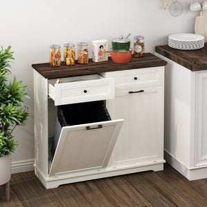 English Elm 20 Gallon Tilt Out Wood Trash Cabinet with Drawer Pet Proof Farmhouse Kitchen Storage W808P379486