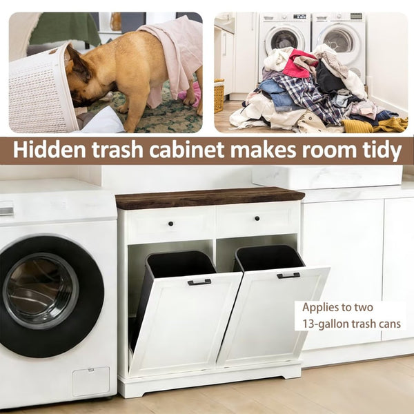 English Elm 20 Gallon Tilt Out Wood Trash Cabinet with Drawer Pet Proof Farmhouse Kitchen Storage W808P379486