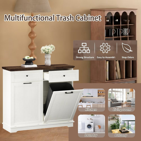 English Elm 20 Gallon Tilt Out Wood Trash Cabinet with Drawer Pet Proof Farmhouse Kitchen Storage W808P379486