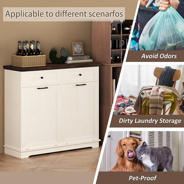 English Elm 20 Gallon Tilt Out Wood Trash Cabinet with Drawer Pet Proof Farmhouse Kitchen Storage W808P379486