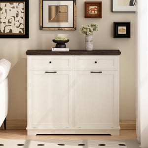 English Elm 20 Gallon Tilt Out Wood Trash Cabinet with Drawer Pet Proof Farmhouse Kitchen Storage W808P379486
