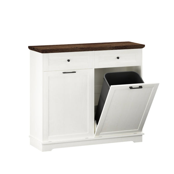 English Elm 20 Gallon Tilt Out Wood Trash Cabinet with Drawer Pet Proof Farmhouse Kitchen Storage W808P379486