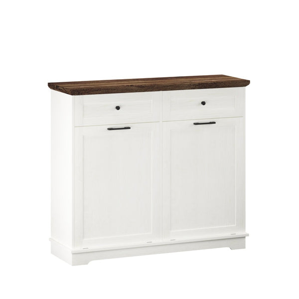 English Elm 20 Gallon Tilt Out Wood Trash Cabinet with Drawer Pet Proof Farmhouse Kitchen Storage W808P379486