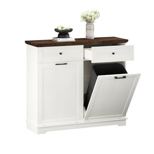 English Elm 20 Gallon Tilt Out Wood Trash Cabinet with Drawer Pet Proof Farmhouse Kitchen Storage W808P379486