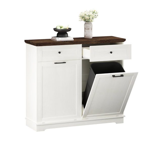 English Elm 20 Gallon Tilt Out Wood Trash Cabinet with Drawer Pet Proof Farmhouse Kitchen Storage W808P379486