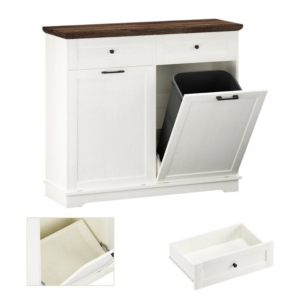 English Elm 20 Gallon Tilt Out Wood Trash Cabinet with Drawer Pet Proof Farmhouse Kitchen Storage W808P379486