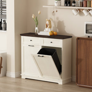 English Elm 20 Gallon Tilt Out Wood Trash Cabinet with Drawer Pet Proof Farmhouse Kitchen Storage W808P379486
