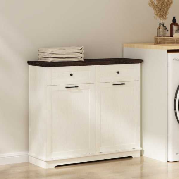 English Elm 20 Gallon Tilt Out Wood Trash Cabinet with Drawer Pet Proof Farmhouse Kitchen Storage W808P379486