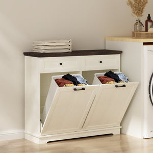 English Elm 20 Gallon Tilt Out Wood Trash Cabinet with Drawer Pet Proof Farmhouse Kitchen Storage W808P379486