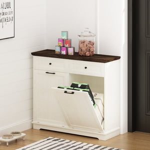 English Elm 20 Gallon Tilt Out Wood Trash Cabinet with Drawer Pet Proof Farmhouse Kitchen Storage W808P379486