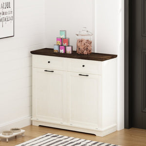 English Elm 20 Gallon Tilt Out Wood Trash Cabinet with Drawer Pet Proof Farmhouse Kitchen Storage W808P379486