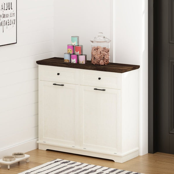 English Elm 20 Gallon Tilt Out Wood Trash Cabinet with Drawer Pet Proof Farmhouse Kitchen Storage W808P379486
