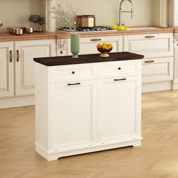 English Elm 20 Gallon Tilt Out Wood Trash Cabinet with Drawer Pet Proof Farmhouse Kitchen Storage W808P379486