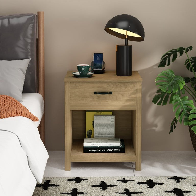 English Elm Wood Nightstand with Drawer and Open Shelf for Modern Bedroom or Living Space W808P389331
