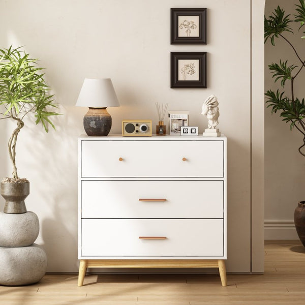 English Elm Nordic Three Drawer White Chest with Rose Gold Handles and Tapered Solid Wood Legs W808P390786