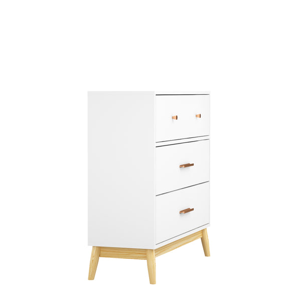 English Elm Nordic Three Drawer White Chest with Rose Gold Handles and Tapered Solid Wood Legs W808P390786