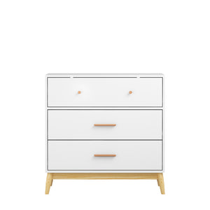 English Elm Nordic Three Drawer White Chest with Rose Gold Handles and Tapered Solid Wood Legs W808P390786
