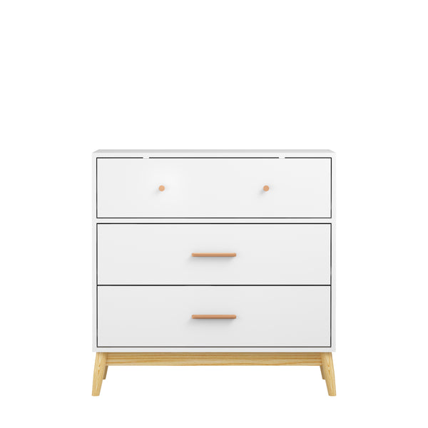 English Elm Nordic Three Drawer White Chest with Rose Gold Handles and Tapered Solid Wood Legs W808P390786