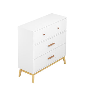 English Elm Nordic Three Drawer White Chest with Rose Gold Handles and Tapered Solid Wood Legs W808P390786