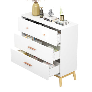 English Elm Nordic Three Drawer White Chest with Rose Gold Handles and Tapered Solid Wood Legs W808P390786
