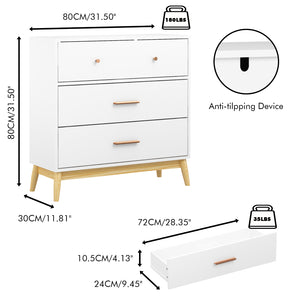 English Elm Nordic Three Drawer White Chest with Rose Gold Handles and Tapered Solid Wood Legs W808P390786