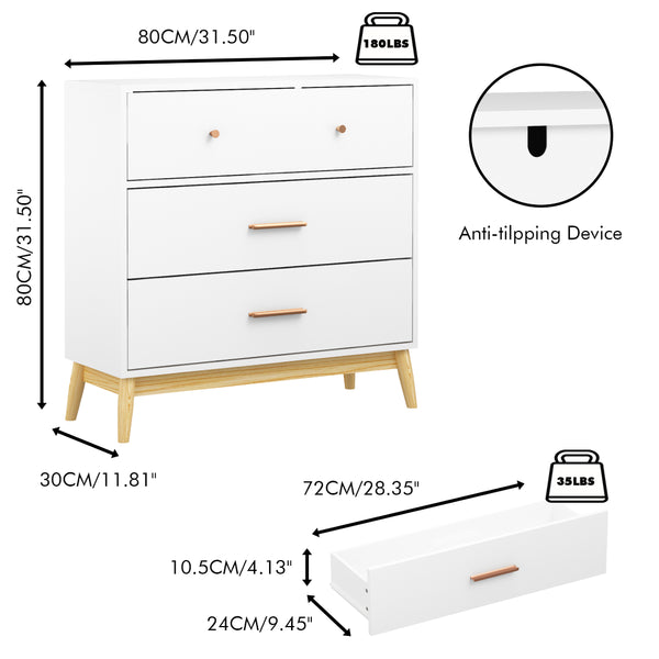 English Elm Nordic Three Drawer White Chest with Rose Gold Handles and Tapered Solid Wood Legs W808P390786