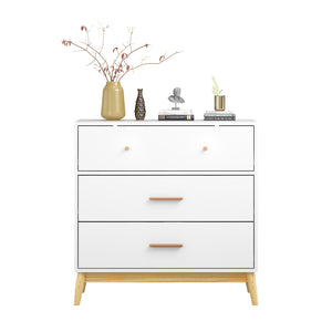 English Elm Nordic Three Drawer White Chest with Rose Gold Handles and Tapered Solid Wood Legs W808P390786