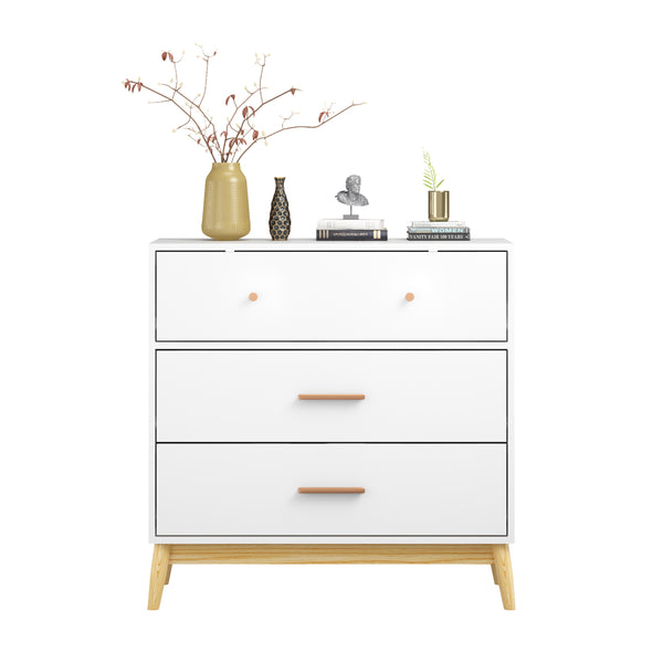 English Elm Nordic Three Drawer White Chest with Rose Gold Handles and Tapered Solid Wood Legs W808P390786