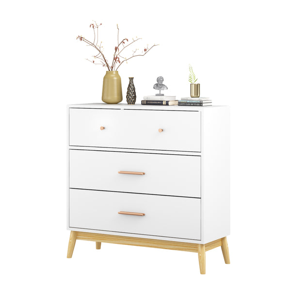 English Elm Nordic Three Drawer White Chest with Rose Gold Handles and Tapered Solid Wood Legs W808P390786