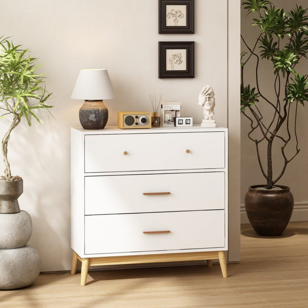 English Elm Nordic Three Drawer White Chest with Rose Gold Handles and Tapered Solid Wood Legs W808P390786