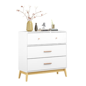 English Elm Nordic Three Drawer White Chest with Rose Gold Handles and Tapered Solid Wood Legs W808P390786