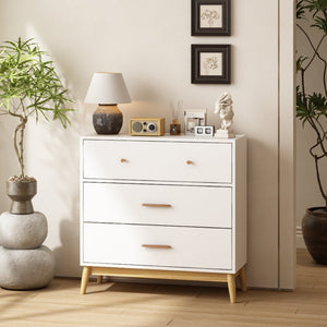 English Elm Nordic Three Drawer White Chest with Rose Gold Handles and Tapered Solid Wood Legs W808P390786