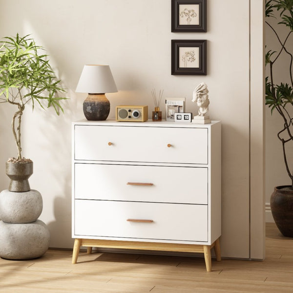 English Elm Nordic Three Drawer White Chest with Rose Gold Handles and Tapered Solid Wood Legs W808P390786