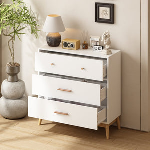English Elm Nordic Three Drawer White Chest with Rose Gold Handles and Tapered Solid Wood Legs W808P390786