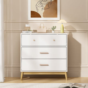 English Elm Nordic Three Drawer White Chest with Rose Gold Handles and Tapered Solid Wood Legs W808P390786