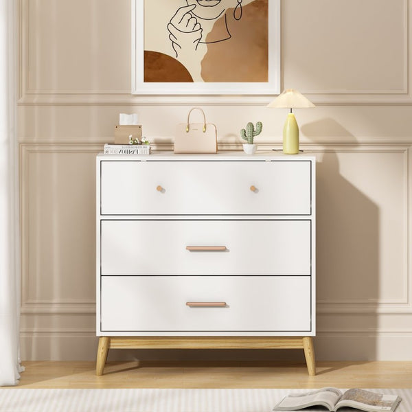 English Elm Nordic Three Drawer White Chest with Rose Gold Handles and Tapered Solid Wood Legs W808P390786