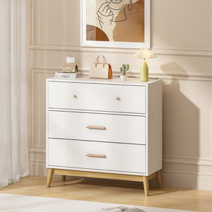 English Elm Nordic Three Drawer White Chest with Rose Gold Handles and Tapered Solid Wood Legs W808P390786