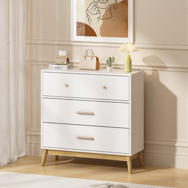 English Elm Nordic Three Drawer White Chest with Rose Gold Handles and Tapered Solid Wood Legs W808P390786