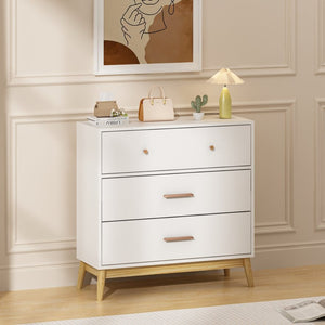 English Elm Nordic Three Drawer White Chest with Rose Gold Handles and Tapered Solid Wood Legs W808P390786