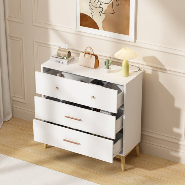 English Elm Nordic Three Drawer White Chest with Rose Gold Handles and Tapered Solid Wood Legs W808P390786