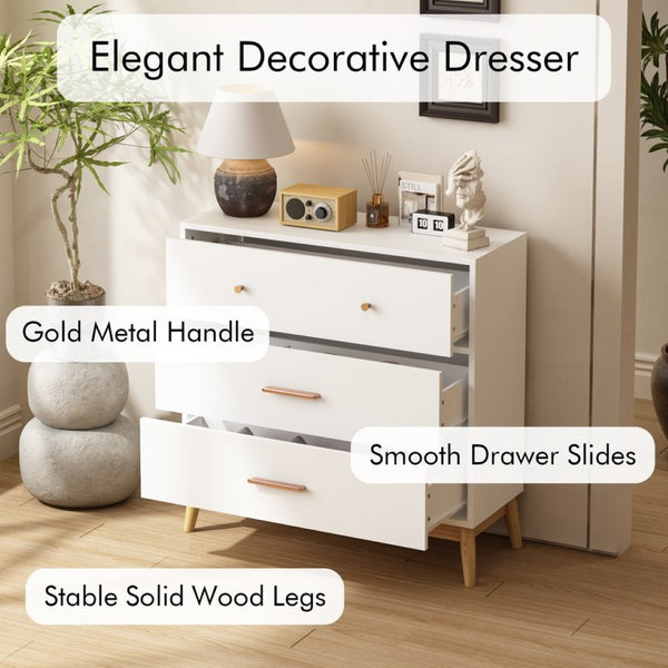 English Elm Nordic Three Drawer White Chest with Rose Gold Handles and Tapered Solid Wood Legs W808P390786