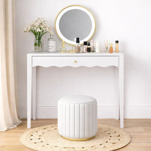 English Elm White Scalloped Vanity Desk with Gold Knob Drawer for Bedroom or Small Home Office W808P390788