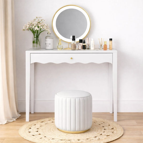 English Elm White Scalloped Vanity Desk with Gold Knob Drawer for Bedroom or Small Home Office W808P390788