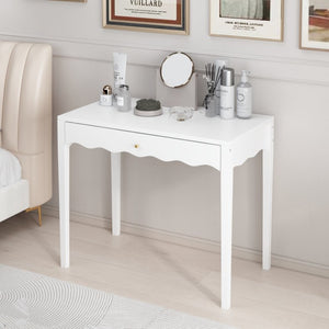 English Elm White Scalloped Vanity Desk with Gold Knob Drawer for Bedroom or Small Home Office W808P390788