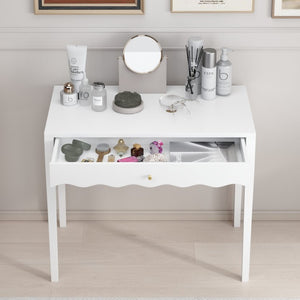 English Elm White Scalloped Vanity Desk with Gold Knob Drawer for Bedroom or Small Home Office W808P390788