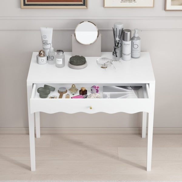 English Elm White Scalloped Vanity Desk with Gold Knob Drawer for Bedroom or Small Home Office W808P390788