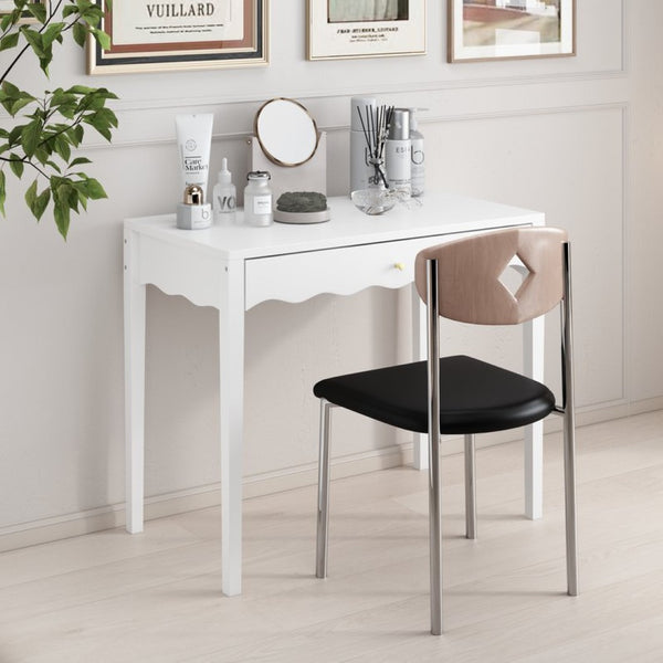 English Elm White Scalloped Vanity Desk with Gold Knob Drawer for Bedroom or Small Home Office W808P390788